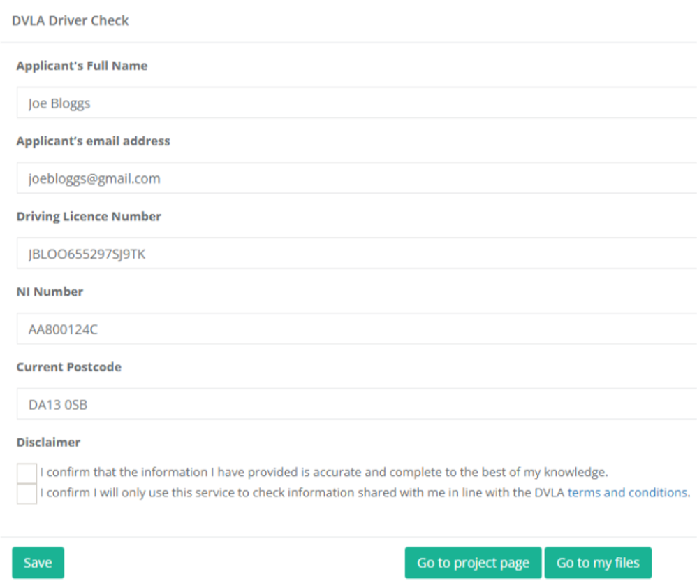 DVLA Driver Checks - EBC Global Pro DVLA licence check application form with pre-populated candidate information